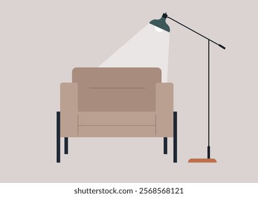 A cozy room features an empty chair, basking in the warmth of a light beam from an elegant floor lamp, evoking tranquility and comfort