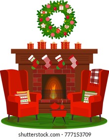 A cozy room with a fireplace, armchairs and hot tea.