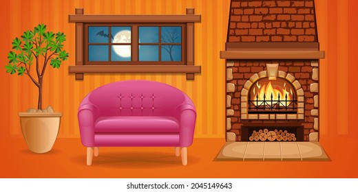 Cozy room with fireplace. A burning fire in the fireplace, a comfortable chair and the night outside the window. Vector illustration