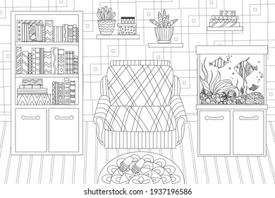 cozy room with flowerpots and a stack of books on shelves, a aquarium with fishes and seaweeds on a cabinet, a bookcase and a armchair against wallpaper for your coloring book