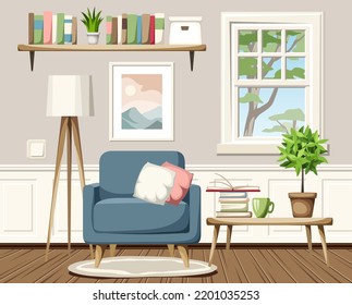 Cozy room interior with an armchair, a table, a window, and a floor lamp. Cartoon vector illustration