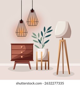 Cozy room interior with a bedside table, plant, floor lamp, and pendant lights. Modern home decor