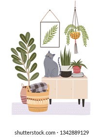 Cozy room interior with cat sitting on cupboard or sideboard, houseplants in pots, wall picture, basket. Composition with furniture and home decorations in hygge style. Flat vector illustration.