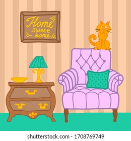 Cozy room interior with a cat sitting on an armchair. Text on the picture hanging on the wall "Home sweet home." Cartoon style vector illustration.