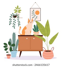 Cozy room interior with cat sitting on cupboard or sideboard, houseplants in pots, wall picture, basket. Composition with furniture and home decorations in hygge style. Flat vector illustration.