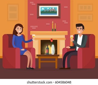 Cozy room interior with chairs and fireplace. Couple on a date. Flat style vector illustration.