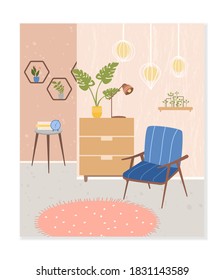 El acogedor interior de la habitación. Cómoda sala de estar con muebles de estilo escandinavo. Composición moderna con decoración y plantas. Ilustración de vectores planos.
