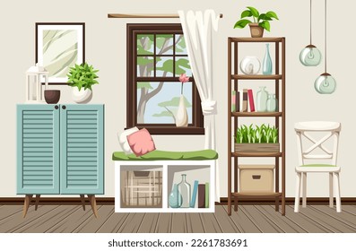 Cozy room interior design with a blue cabinet, a shelving, a window, and a window seat. Cartoon vector illustration