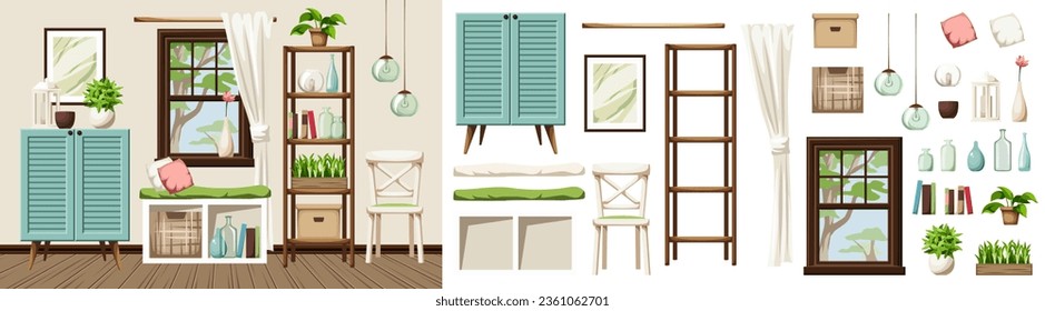 Cozy room interior design with a blue cabinet, a shelving, a window, and a window seat. Furniture set. Interior constructor. Cartoon vector illustration