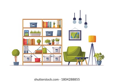 Cozy Room Interior Design with Bookcase, Comfortable Green Armchair and Home Decoration Accessories Vector Illustration