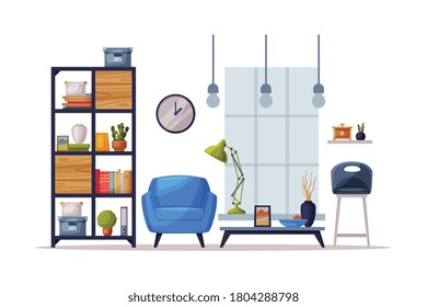 Cozy Room Interior Design with Comfy Furniture and Home Decoration Accessories in Trendy Style, Bookcase, Armchair and Coffee Table in front of Window Vector Illustration