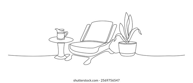 Cozy room interior drawn with continuous line in minimalism, abstract style, armchair, flower, coffee table, water decanter, one line, editable vector contour