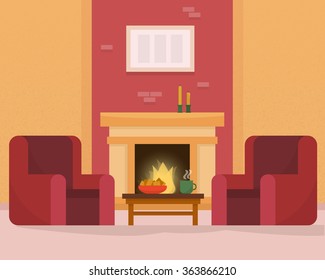 Cozy room interior with fireplace. Flat style vector illustration.