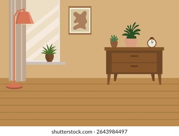 Cozy room interior with floor lamp and wooden dresser. Home decoration and comfort concept. Background for living space.