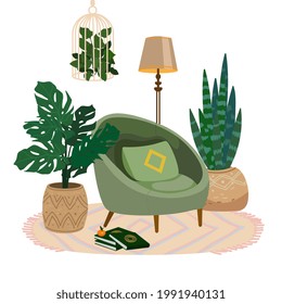 Cozy room interior with modern green armchair. Hygge place for rest and relaxation. Soft chair, with home plants monstera and sansevieria, floor lamp. Vector cozy furniture in flat cartoon style