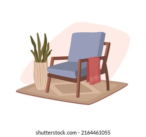 Cozy room interior in pastel color with armchair. Modern vintage armchair with plaid and green plant in vase. Chair isolated on white in flat cartoon style, living room, bedroom furniture elements