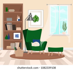 A cozy room with a large green armchair in which the cat sleeps. Open window. The atmosphere of the huggie. Vector flat illustration.