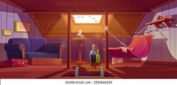 Cozy room on attic with hammock, sofa and window in roof. Vector cartoon interior of mansard for relax and recreation, garret lounge with book shelf, garland and wine bottles
