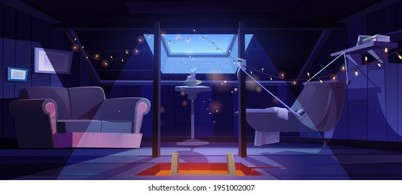 Cozy room on attic with hammock and sofa at night. Vector cartoon interior of mansard for relax and recreation, garret lounge with book shelf, garland and candles in moonlight from window in roof