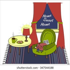 Cozy room. Pleasant evening. Red cat sleeping in a chair. Home sweet home. Cap of tea and cookies for pleasant reading. Cozy and warm home.
