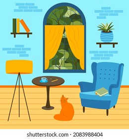 Cozy room with red cat, blue armchair with book, green trees outside window, plant and books on shelf, lamp, table with cup of coffee and pencils. Vector illustration
