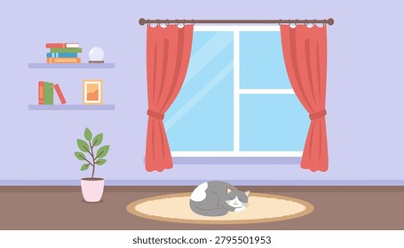 Cozy room scene with sleeping cat and window interior curtains sleeping