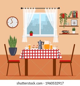 Gemütlicher Raum mit Tisch und Tisch mit Tischdecken und Frühstück darauf. Frühstück zu Hause. Cute Wohnung mit Möbeln, Pflanzen und Essen auf dem Tisch für zwei. Flache Vektorgrafik.