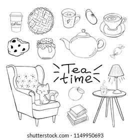 Cozy room, tea time set Cozy home things like tea, cat, chair, pillows, apple pie and other Danish happiness concept