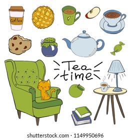 Cozy room, tea time set Cozy home things like tea, cat, chair, pillows, apple pie and other Danish happiness concept