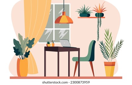 cozy room to work from home. Office table with computer, workplace. Modern interior with a window, furniture and houseplants. Vector illustration in a flat style.