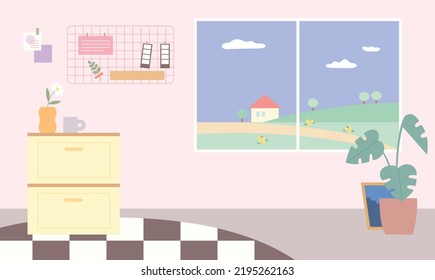 Cozy room. You can see the village outside the window. flat design style vector illustration.