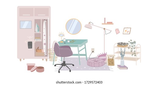 Cozy room for young woman. Cute flat cartoon vector illustartion. Modern furniture, dressing table, armchair, cushion, pillows, plants, mirror, flowers, jewelry, wardrobe, carpet, basket, lamp, iron.