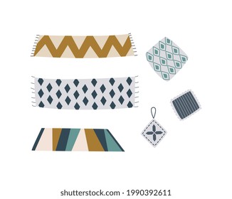 Cozy rug set with bold patterns and decorative home textile collection in hand drawn style. Doormat, carpet and kitchen cloth - isolated vector illustration.