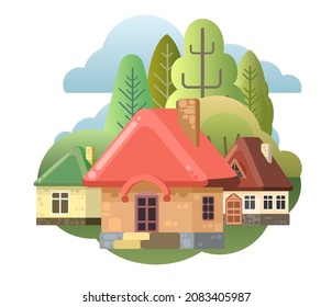 Cozy rural houses. Funny cartoon style. Country suburban village. Farm hut in the garden. Fairy tale illustration for children. Art illustration isolated on white background. Vector