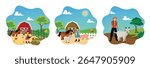 Cozy rural life. A cute and happy little girl feeds horses, goats, and pigs. Farmer feeding farm animals.