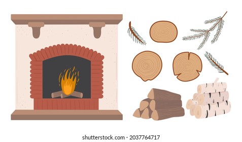 Cozy rustic fireplace set with firewood and wood slabs decor. Vintage winter fireside in cottage style. Symbol of christmas. Hand drawn vector illustration