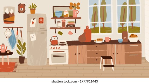 Cozy Rustic Hand Drawn Kitchen Interior Vector Flat Illustration. Colorful Stove, Wooden Table, Cooking Utensils And Decorative Elements. Inside Panorama Of Cuisine At Residential House