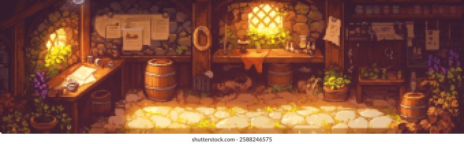 A cozy, rustic interior of a cottage or workshop, featuring wooden barrels, a stone wall, and a warm, inviting atmosphere. Sunlight filters through a window, illuminating plants and tools.