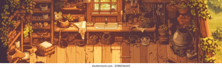 A cozy, rustic interior of a cottage or workshop filled with various plants, pots, and kitchenware. Sunlight streams through a window, illuminating the wooden floor and shelves.