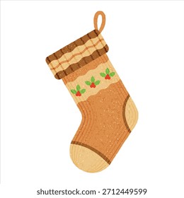 Cozy Rustic Knit Christmas Sock Hanging Ornament with Holly and Plaid Cuff. Xmas Stocking Illustration for Holidays Isolated Vector.	