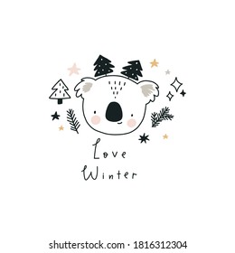 Cozy Rustic Merry Christmas print. Scandinavian print - Happy new year in doodle style. Cute Koala Bear in a christmas hat