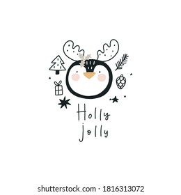 Cozy Rustic Merry Christmas print. Scandinavian print - Happy new year in doodle style. Cute  penguin in a christmas hat