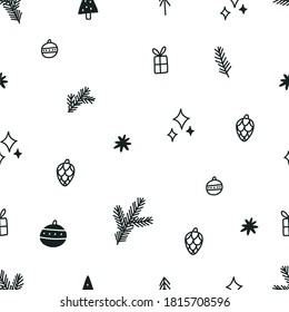 Cozy Rustic Merry Christmas seamless pattern. Scandinavian print - Happy new year in doodle style.