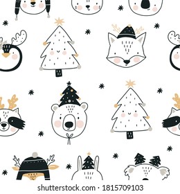 Cozy Rustic Merry Christmas seamless pattern with bear. Scandinavian print - Happy new year in doodle style.