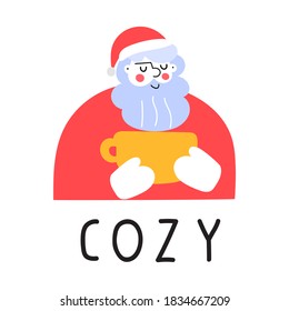 Cozy. Santa with big mug. Illustration for greeting card, posters, print design. 
