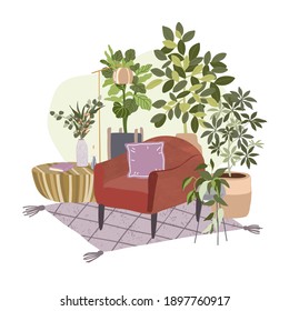 Cozy scandi room interior with a lot of plants in pots, red chair with pillow standing on lilac carpet, urban jungle concept, hand drawn flat vector illustration