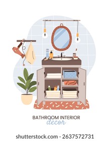 Cozy Scandinavian bathroom interior with modern decor, hanging lights, bath mat, sink, hair dryer, beauty products. Minimalist design in Hygge style. Flat vector illustration for home design themes.