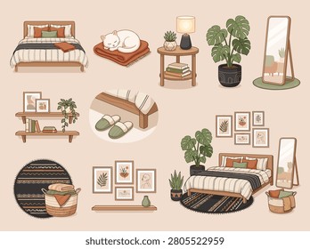 Cozy Scandinavian Bedroom Interior Vector Illustration Collection with Modern Home Decor Elements