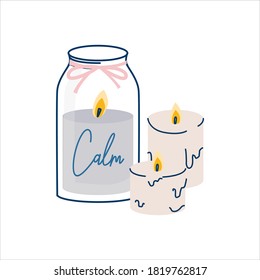 Cozy scandinavian candles with soy candle in glass jar hygge illustration with calm lettering