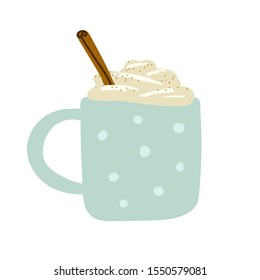 Cozy scandinavian food vector illustration. A blue cup is filled with hot drink, foam, cream, cinnamon. Eggnog, coffee, cocoa, chocolate, milk isolated on a white background. Winter holidays element